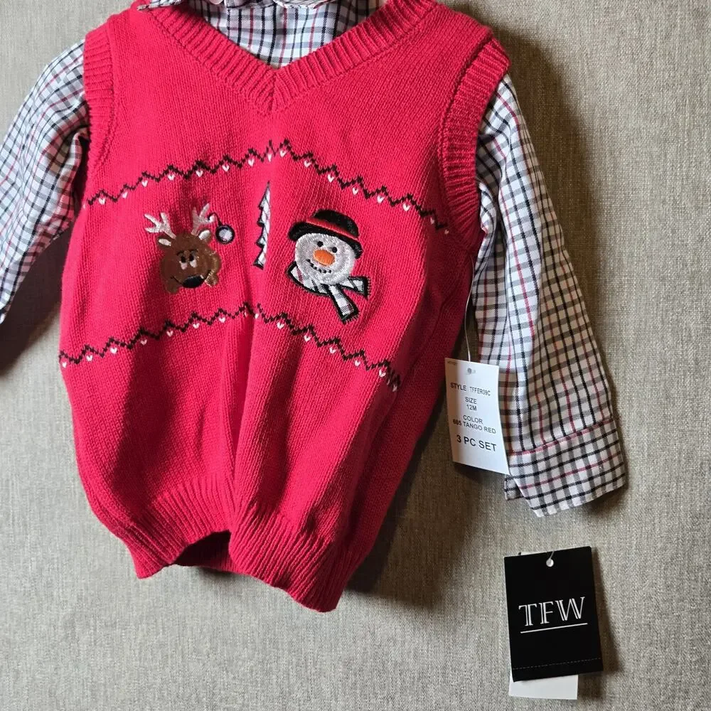 TFW Long Sleeve Button Up Shirt With a Christmas Vest New NWT Photos Party